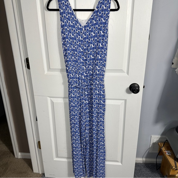 Talbots jumpsuit, size 10, blue/white, belted waist, back zip, wide leg - Picture 3 of 11